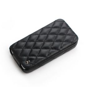 Black Apple iPhone 4 / 4S Hard Shell Down-Fold Flip Quilt Pattern Leather Case