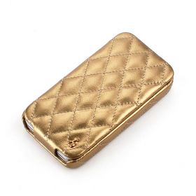 Gold Apple iPhone 4 / 4S Hard Shell Down-Fold Flip Quilt Pattern Leather Case