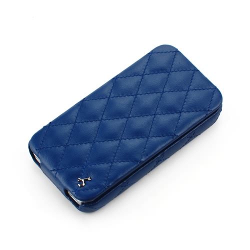 StoryLeather.com - Blue Apple iPhone 4 / 4S Hard Shell Down-Fold Flip Quilt  Pattern Leather Case